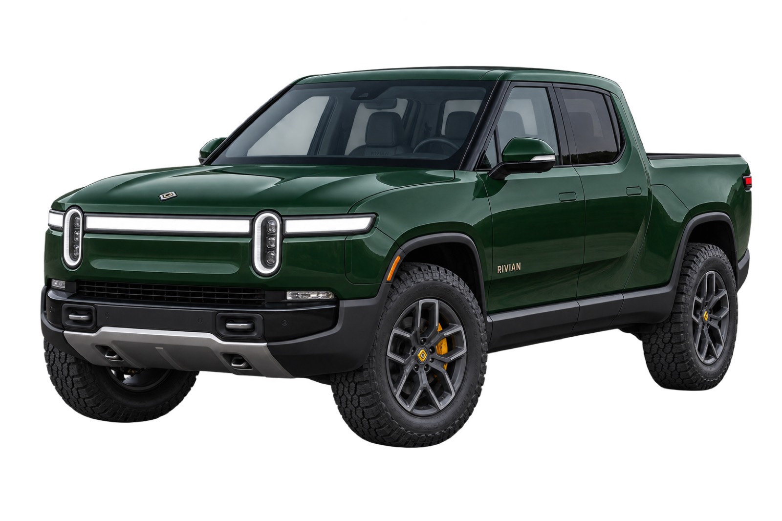 Green Rivian R1T, three-quarter front view